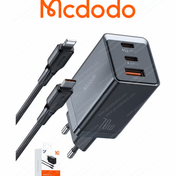 Mcdodo GaN 5 Mini 67W Fast Charger – Dual USB-C & USB-A Ports, Includes 36W USB-C to Lightning Cable