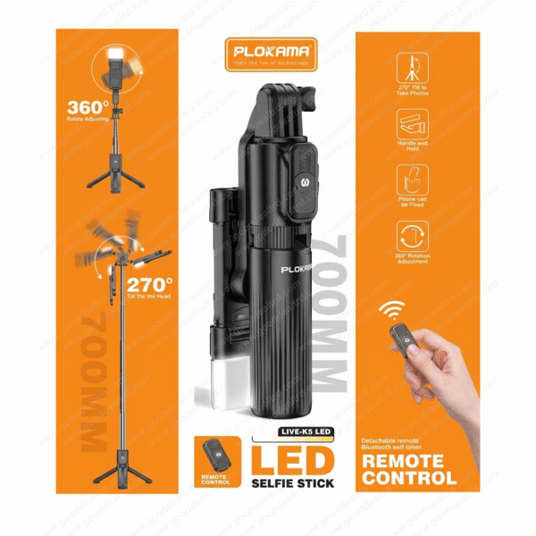 PLOKAMA LIVE-K5 LED 700mm Extendable Selfie Stick & Tripod with Wireless Remote