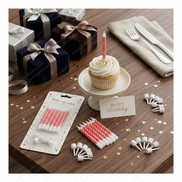 8-Piece Red Checkered Birthday Candle Set with White Holders